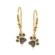 Black Diamond-Accented Paw Print Drop Earrings in 14kt Yellow Gold