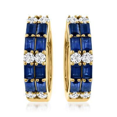 1.30 ct. t.w. Sapphire and .39 ct. t.w. Diamond Huggie Hoop Earrings in 14kt Yellow Gold
