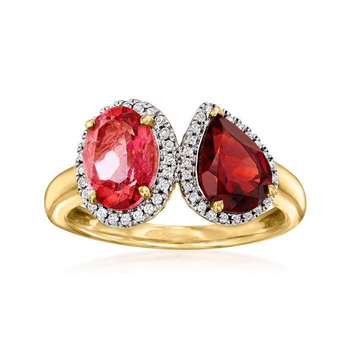 1.40 Carat Pink Topaz and 1.20 Carat Garnet Toi et Moi Ring with .40 ct. t.w. White Topaz in 18kt Gold Over Sterling
