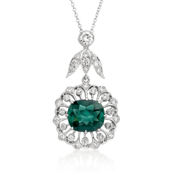C. 1990 Vintage 2.30 Carat Green Tourmaline Pendant Necklace with .60 ct. t.w. Diamonds in 14kt and 18kt White Gold