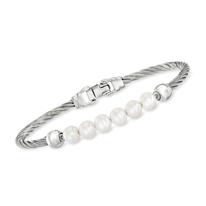 ALOR 6mm Cultured Pearl and Gray Stainless Steel Cable Bangle Bracelet