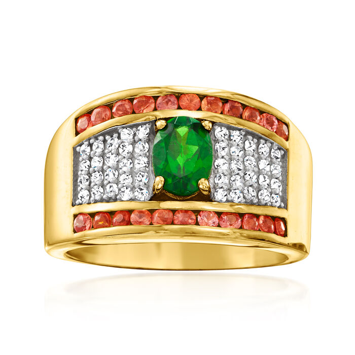 .80 Carat Chrome Diopside Ring with .60 ct. t.w. Orange Sapphires and .40 ct. t.w. White Zircons in 18kt Gold Over Sterling