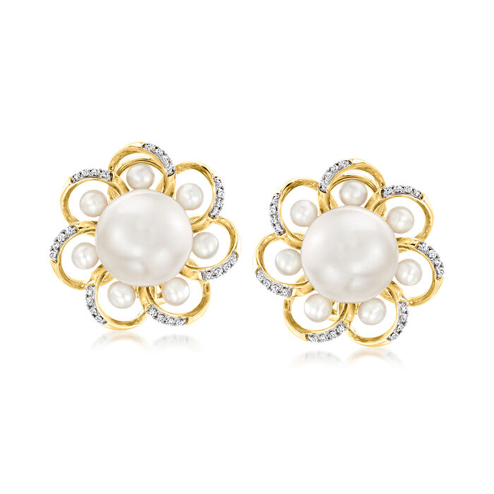 2.5-10.5mm Cultured Pearl and .16 ct. t.w. Diamond Flower Earrings in 14kt Yellow Gold
