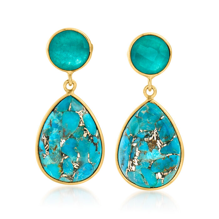 Turquoise and 3.60 ct. t.w. Blue Quartz Drop Earrings in 18kt Gold Over Sterling