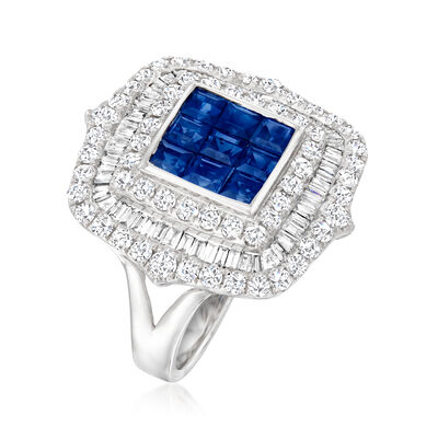 2.10 ct. t.w. Sapphire and 1.63 ct. t.w. Diamond Square Ring in 14kt White Gold