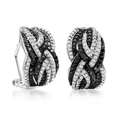 1.00 ct. t.w. Black and White Diamond Woven C-Hoop Earrings in Sterling Silver