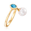 7-7.5mm Cultured Pearl and .50 ct. t.w. Swiss Blue Topaz Ring in 14kt Yellow Gold