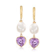 9.5-10mm Cultured Pearl and 7.50 ct. t.w. Amethyst Drop Earrings in 14kt Yellow Gold