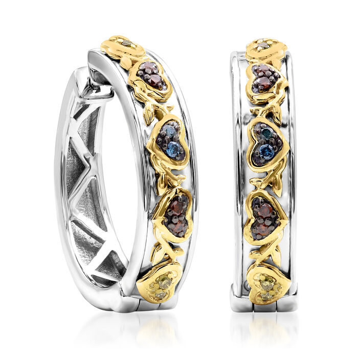.20 ct. t.w. Multicolored Diamond Heart Hoop Earrings in Two-Tone Sterling Silver