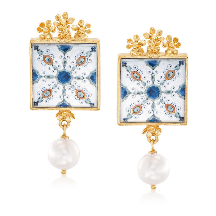 Italian 9mm Cultured Pearl Majolica Tile Drop Earrings in 18kt Gold Over Sterling