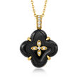 Onyx Flower Pendant Necklace with Diamond Accents in 14kt Yellow Gold