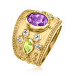 1.70 Carat Amethyst and .90 ct. t.w. Peridot Ring with .60 ct. t.w. White Topaz in 18kt Gold Over Sterling