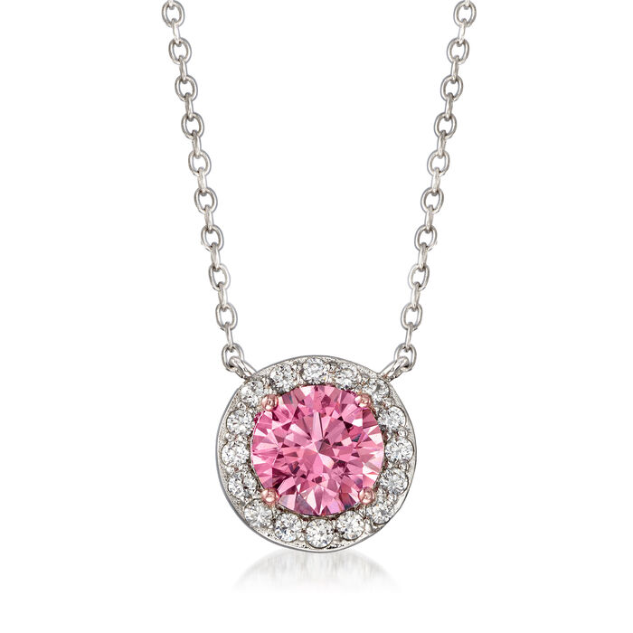 Pink CZ and .43 ct. t.w. White CZ Halo Necklace in Sterling Silver