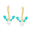 Cultured Pearl and Multicolored Enamel Butterfly Drop Earrings in 18kt Gold Over Sterling