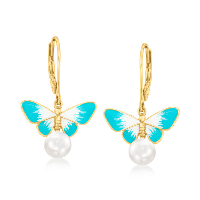Cultured Pearl and Multicolored Enamel Butterfly Drop Earrings in 18kt Gold Over Sterling