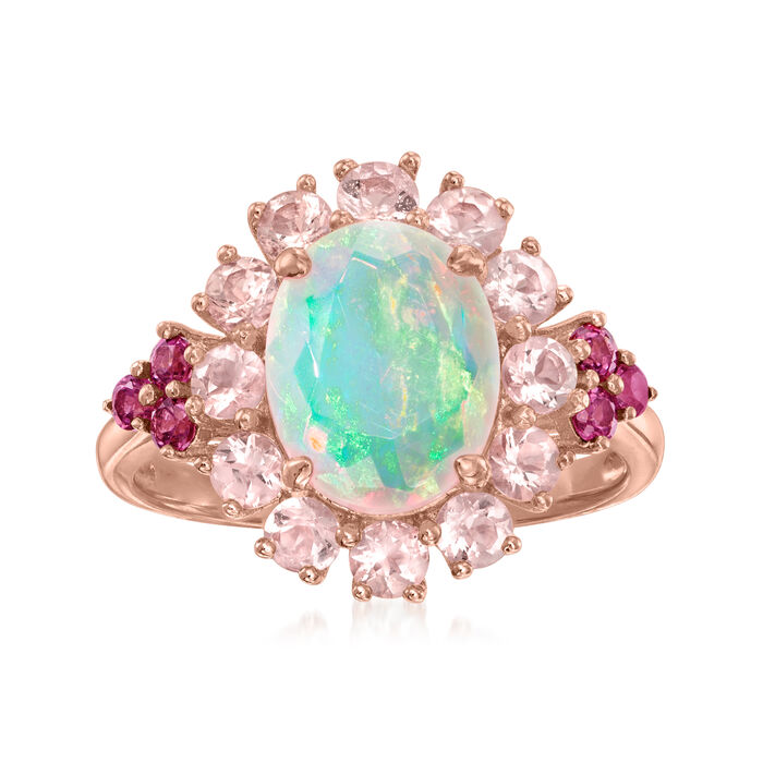 Ethiopian Opal and 1.50 ct. t.w. Morganite Ring with .20 ct. t.w. Rhodolite Garnet in 18kt Gold Over Sterling