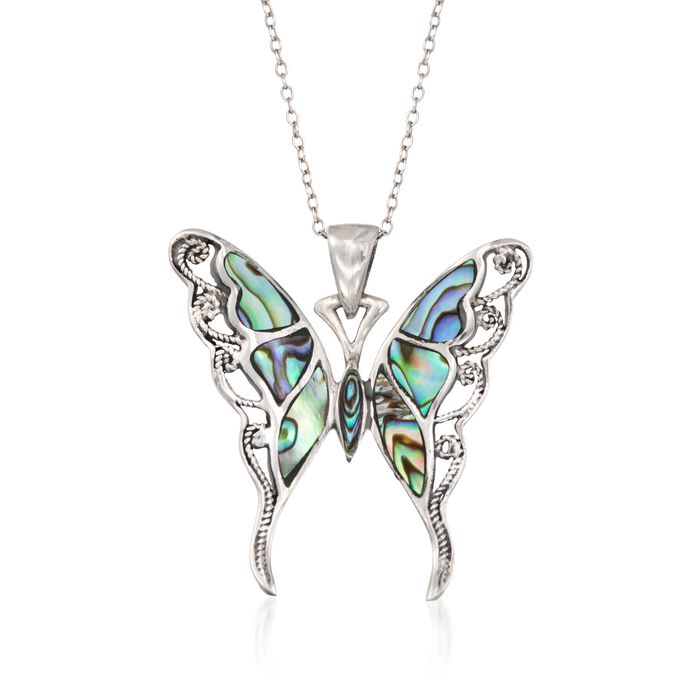Abalone Shell Butterfly Pendant Necklace in Sterling Silver