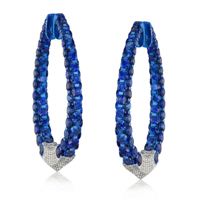 40.00 ct. t.w. Sapphire and 2.95 ct. t.w. Diamond Inside-Outside Hoop Earrings in 18kt White Gold with Blue Rhodium