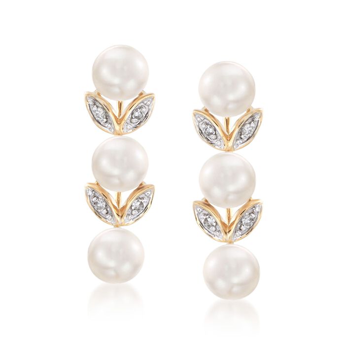 4mm Cultured Pearl Leaf Drop Earrings with Diamond Accents in 14kt Yellow Gold