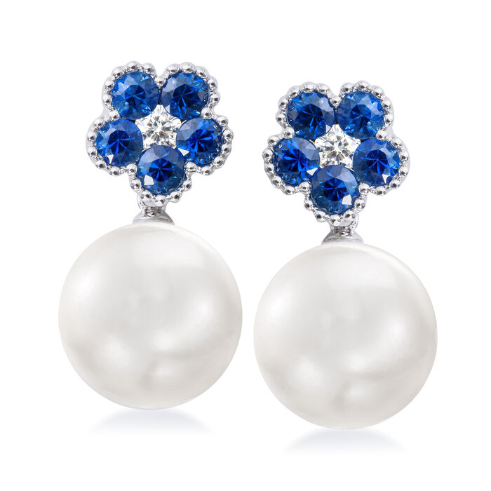 12-13mm Cultured South Sea Pearl Earrings with 1.70 ct. t.w. Sapphires and .26 ct. t.w. Diamonds in 18kt White Gold