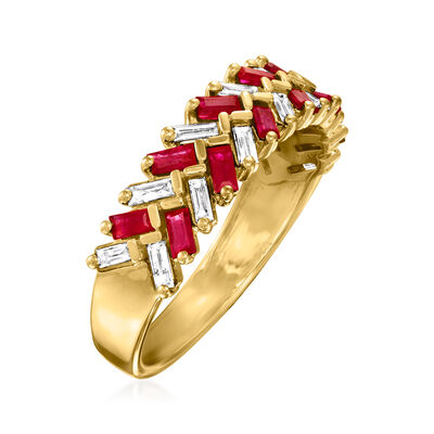 .60 ct. t.w. Ruby and .28 ct. t.w. Diamond Baguette Ring in 14kt Yellow Gold