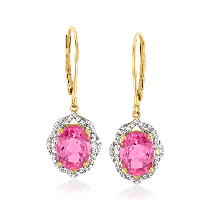 4.30 ct. t.w. Pink Topaz Drop Earrings with .22 ct. t.w. Diamonds in 14kt Yellow Gold