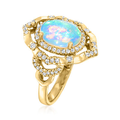 Ethiopian Opal and .41 ct. t.w. Diamond Openwork Ring in 14kt Yellow Gold