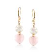 8-9mm Cultured Pearl and 7.50 ct. t.w. Rose Quartz Heart Bead Drop Earrings in 14kt Yellow Gold