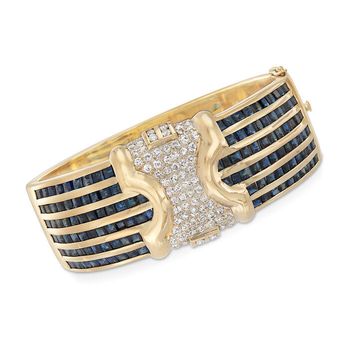 C. 1980 Vintage 19.00 ct. t.w. Sapphire and 1.90 ct. t.w. Diamond Bangle Bracelet in 14kt Yellow Gold