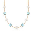 Cultured Pearl and 26.00 ct. t.w. Blue Topaz Station Necklace in 14kt Yellow Gold