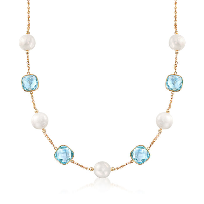 Cultured Pearl and 26.00 ct. t.w. Blue Topaz Station Necklace in 14kt Yellow Gold