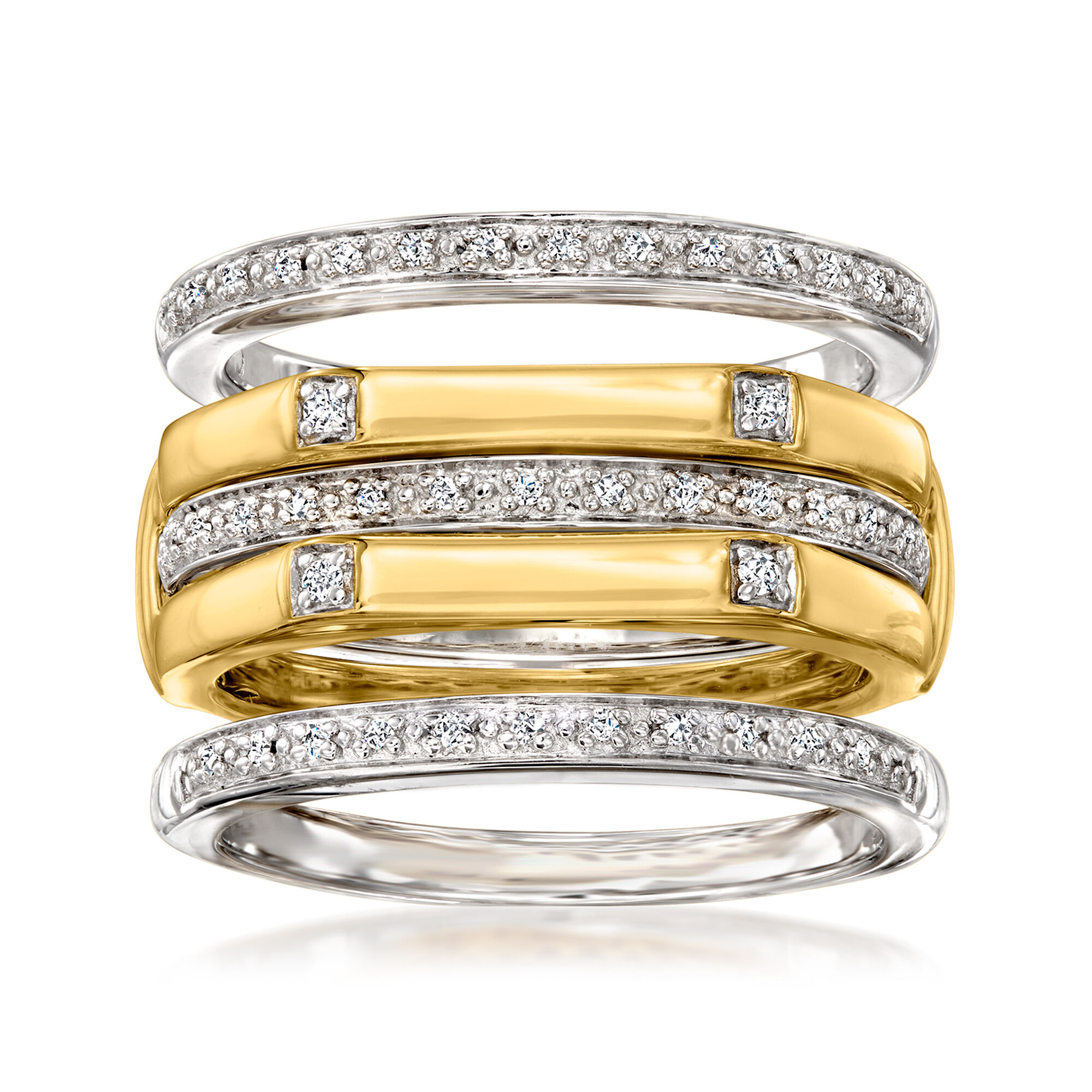 Gold Finish Baguette CZ Gemstone 3 Separate Stack able Ring Silver Set