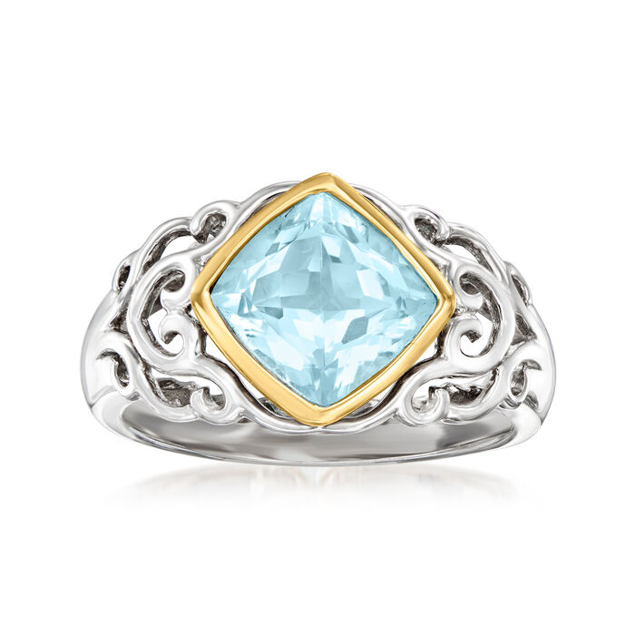 2.90 Carat Sky Blue Topaz Scrollwork Ring in Sterling Silver and 14kt Yellow Gold