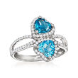 1.70 ct. t.w. London and Swiss Blue Topaz Heart Ring with .39 ct. t.w. Diamonds in 14kt White Gold