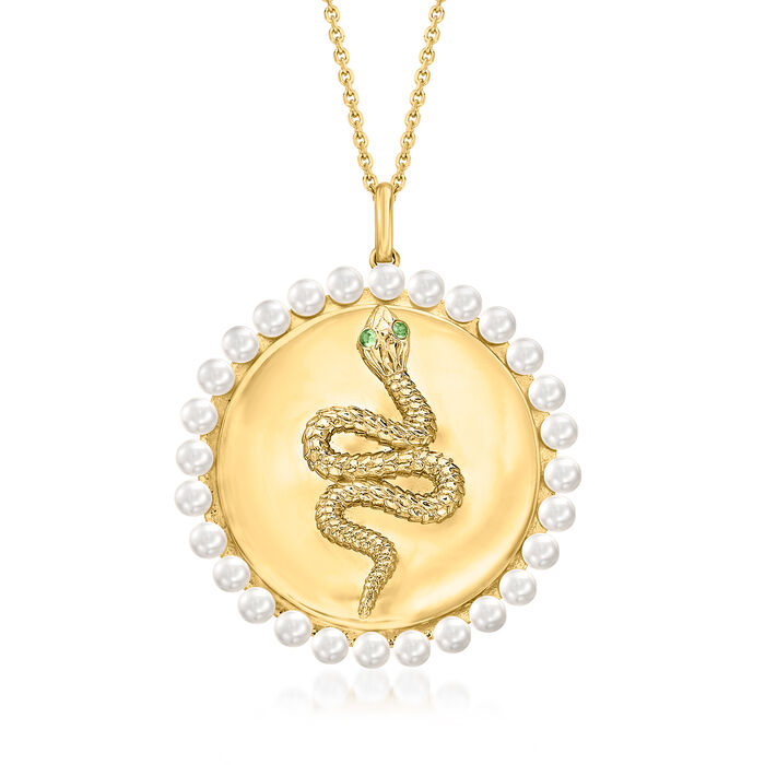 Tsavorite-Accented Snake and 3mm Cultured Pearl Halo Pendant Necklace in 18kt Gold Over Sterling