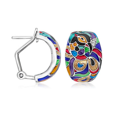 Belle Etoile &quot;Pavona&quot; Multicolored Enamel Hoop Drop Earrings with CZ Accents in Sterling Silver