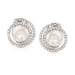 Belle Etoile &quot;Thea&quot; Simulated Pearl and .84 ct. t.w. CZ Swirl Earrings in Sterling Silver