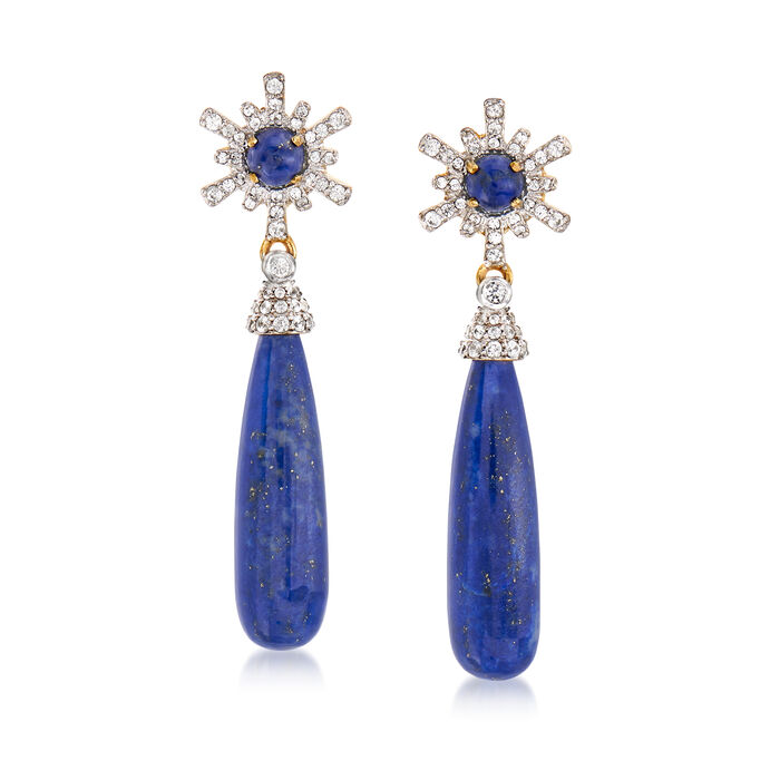 Lapis and 1.70 ct. t.w. White Zircon Drop Earrings in 18kt Gold Over Sterling