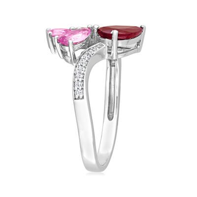 1.40 Carat Ruby and .70 ct. t.w. Pink Sapphire Bypass Ring with Diamond Accents in 14kt White Gold