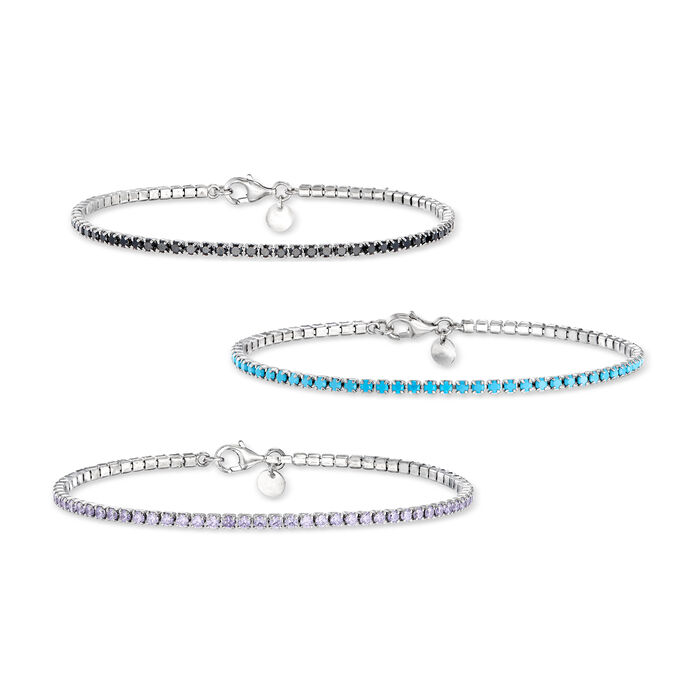 Italian 6.20 ct. t.w. Simulated Onyx, Turquoise and Tanzanite Jewelry Set: Three Tennis Bracelets in Sterling Silver