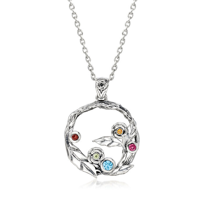 .43 ct. t.w. Multi-Gemstone Floral Pendant Necklace in Sterling Silver