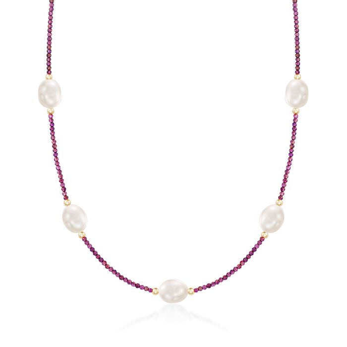 10-10.5mm Cultured Pearl and 15.00 ct. t.w. Garnet Bead Station Necklace with 14kt Gold