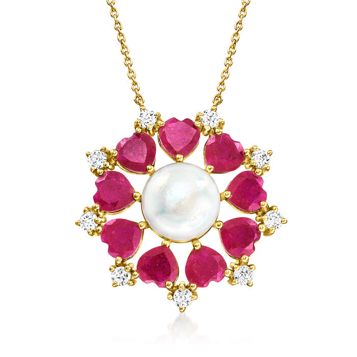 10.5-11mm Cultured Pearl and 6.50 ct. t.w. Ruby Necklace with .90 ct. t.w. White Topaz in 18kt Gold Over Sterling