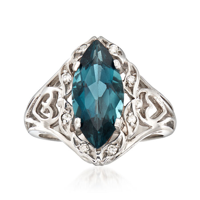C. 1990 Vintage 3.00 Carat London Blue Topaz Ring With Diamond Accents in 10kt White Gold