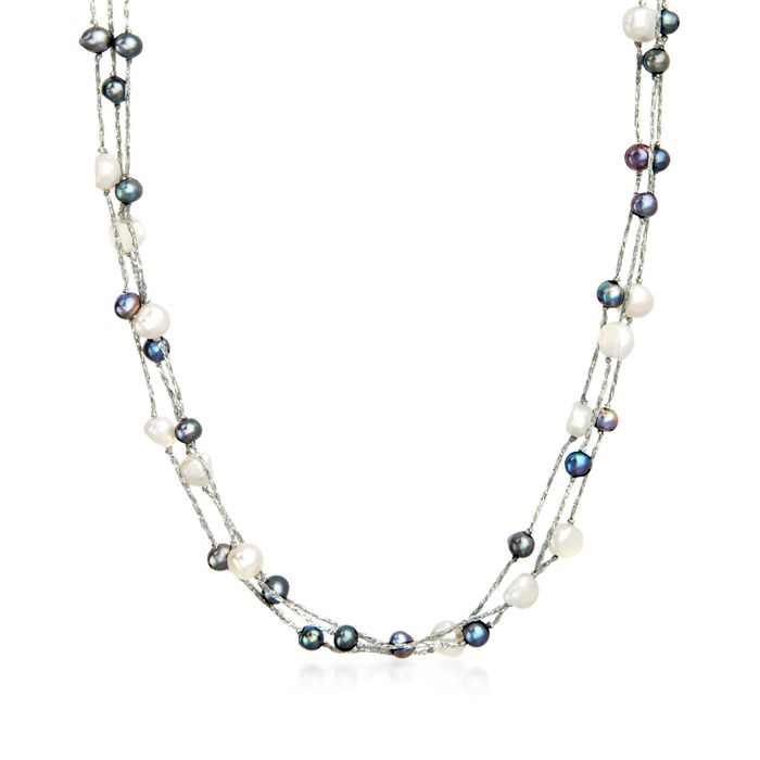 5-9mm Black and White Cultured Pearl Three-Strand Station Necklace with Sterling Silver