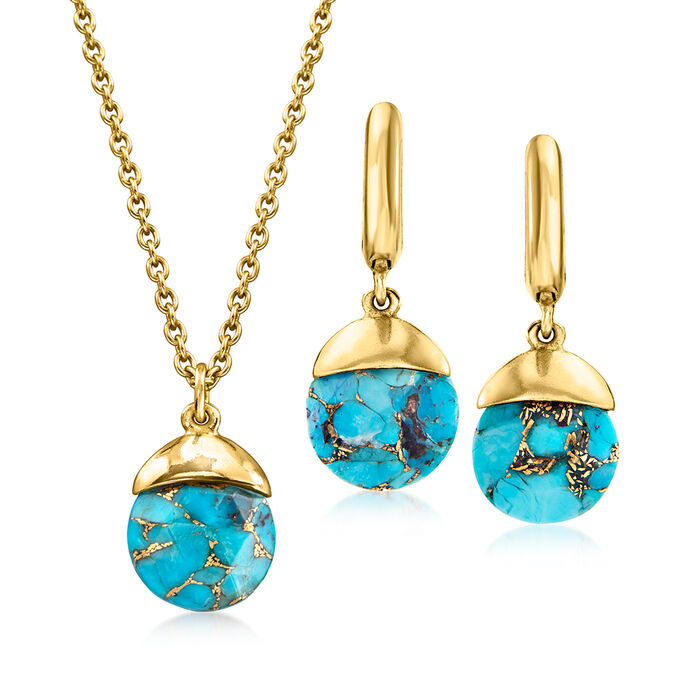 Turquoise Jewelry Set: Pendant Necklace and Drop Earrings in 18kt Gold Over Sterling