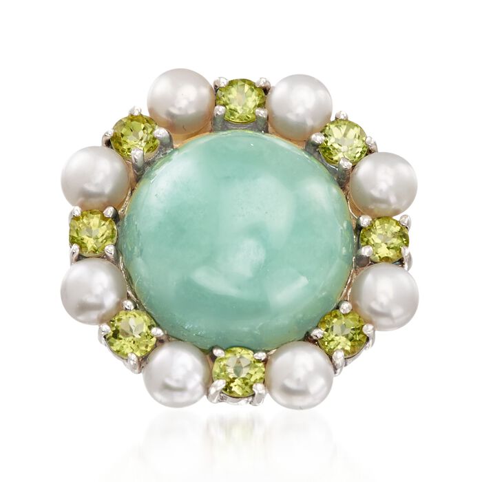 16mm Jade and 4mm Cultured Pearl Ring With Peridot in Sterling Silver
