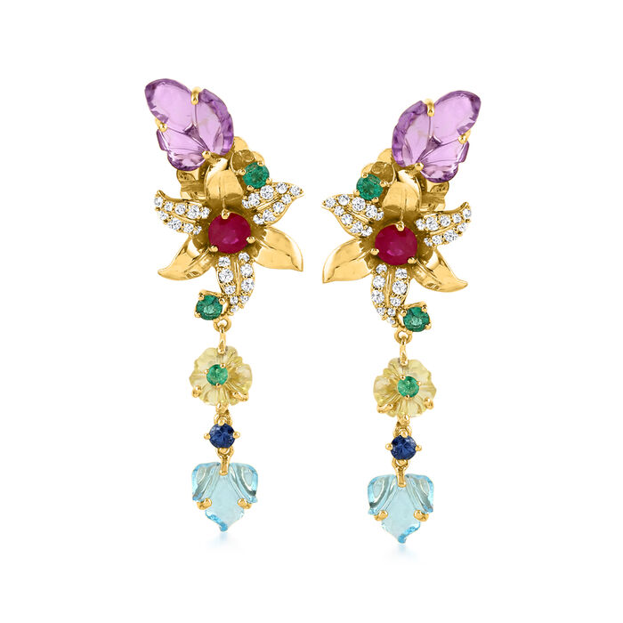 8.06 ct. t.w. Multi-Gemstone and .42 ct. t.w. Diamond Flower Drop Earrings in 18kt Yellow Gold