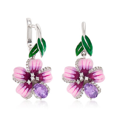 1.40 ct. t.w. Amethyst and .28 ct. t.w. White Topaz Flower Drop Earrings with Multicolored Enamel in Sterling Silver