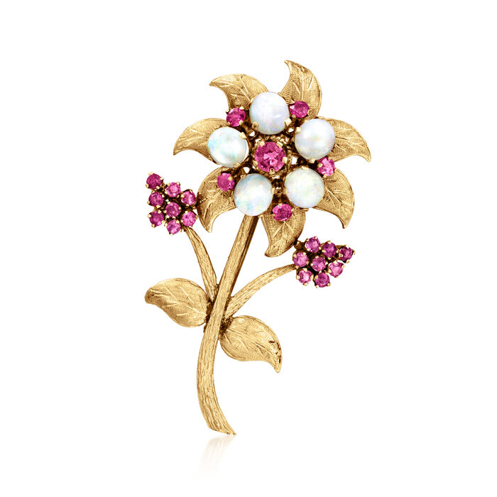 C. 1940 Opal and 3.25 ct. t.w. Pink Sapphire Flower Pin in 14kt Yellow Gold